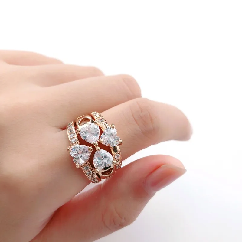 

Fashion Engagement Wedding Rings For Women Rose Gold Color Statement Ring Rhinestone 3-layer Ring Set Diamond Jewelry Gift