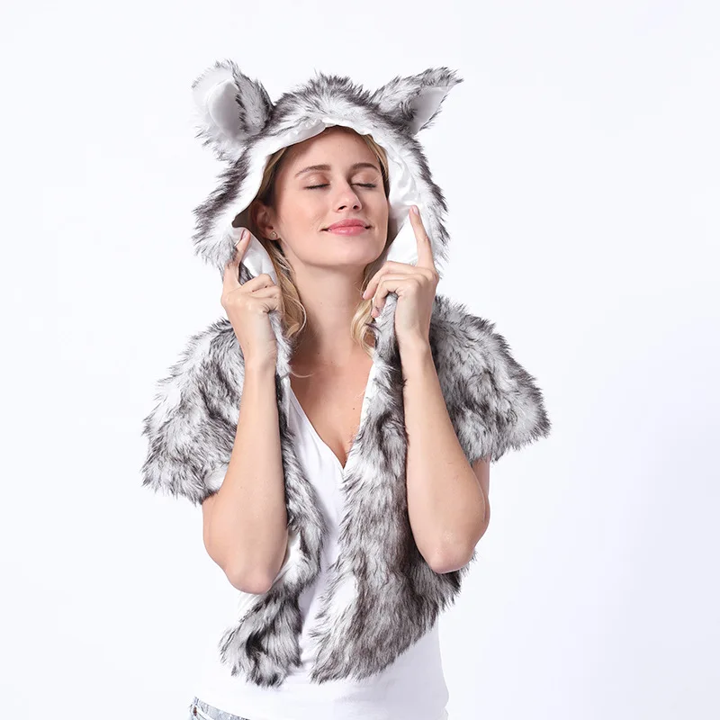 Women Men Animal Faux Fur Hat  with Shawl Wolf Plush Warm Animal Cap Shawl Scarf Halloween Christmas Party Novelty Fur Hats
