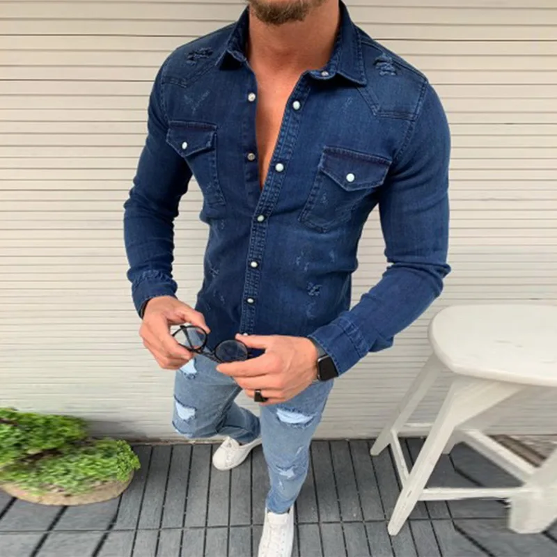 Vertvie мужские джинсовые рубашки облегающие повседневные топы с длинными рукавами