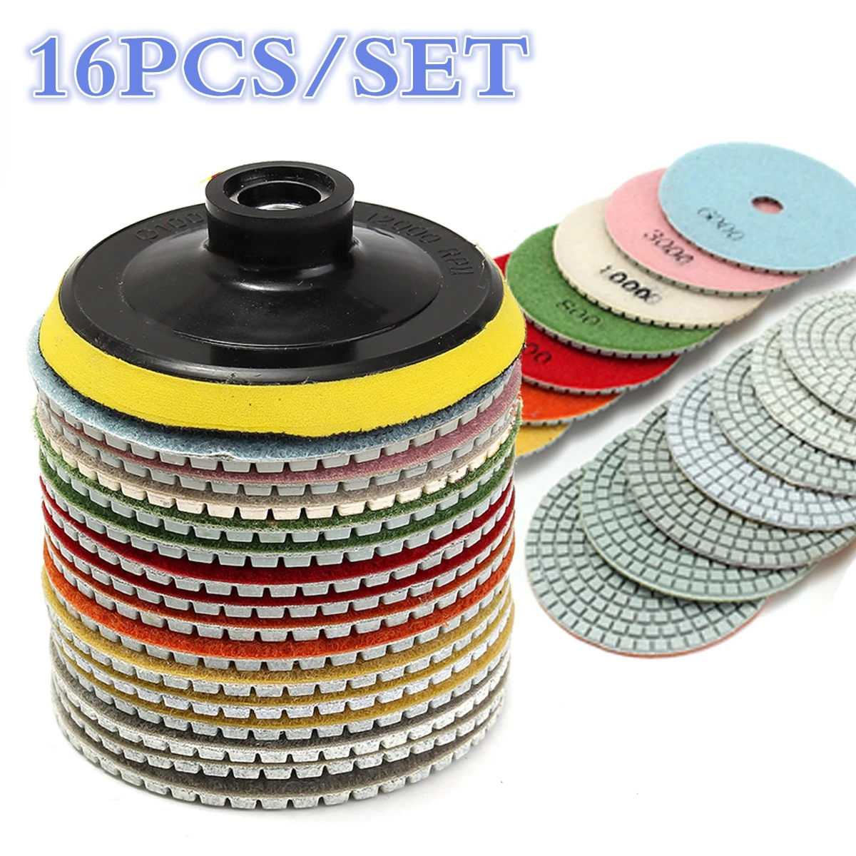 

16pcs 100mm 4 inch Diamond Polishing Pads Kit Wet/Dry for Granite Stone Concrete Marble Polishing Use Grinding Discs Set