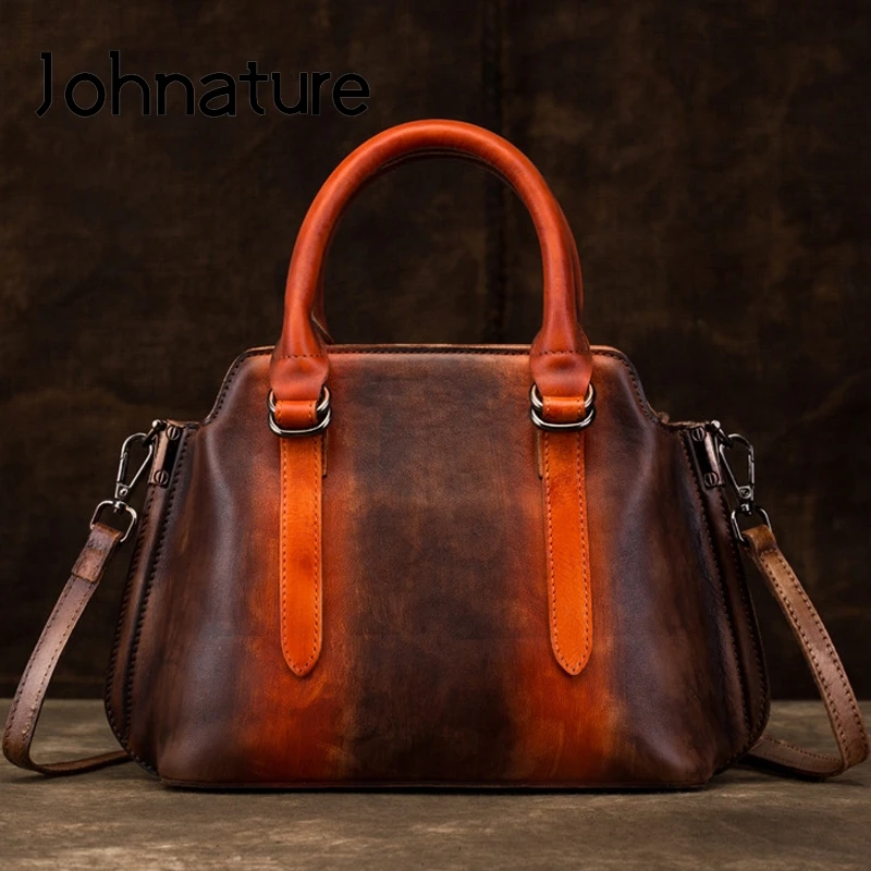 

Johnature Vintage Panelled Cowhide Women Handbag 2021 New Handmade Genuine Leather Shoulder&crossbody Bags Large Capacity Tote