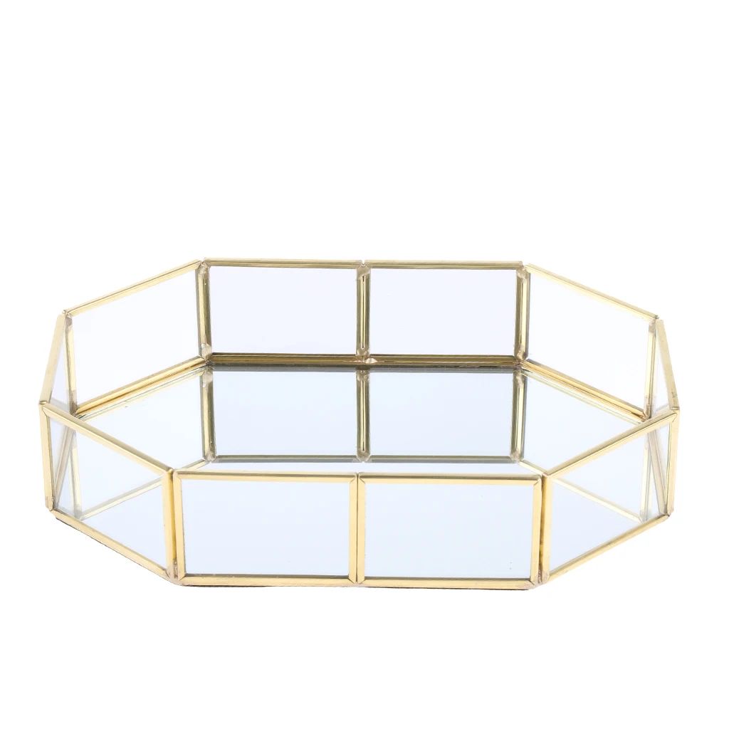 Gold Metal Glass Cosmetic Storage Box, Decorative Tray, Jewelry Storage Tray