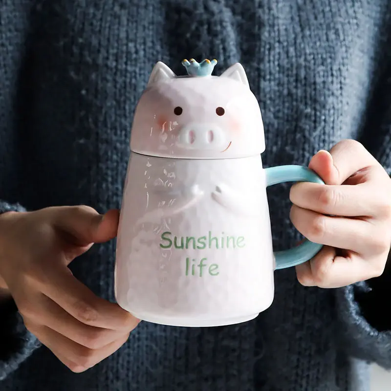 

450ML Pink Pig Big Belly Ceramic Cup With Lid Spoon Cute Cartoon Mug Girl Little Fresh Lovers Coffee Cups Mug With Lid