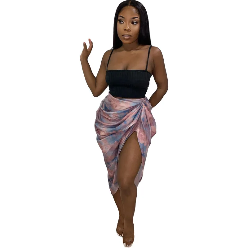 

Mozision Ruched Sexy High Split Skirt Women Summer Asymmetrical Evening Night Party Skirts Ladies Blue Print Skirt Fashion