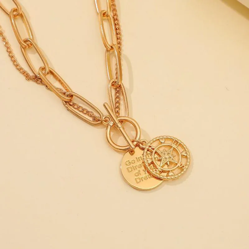 NEW Choker Coin Necklaces Women Vintage Gold Layerd Chunky Thick Chains Compass Bow Knot Pendant Necklace collier femme Jewelry | Украшения - Фото №1