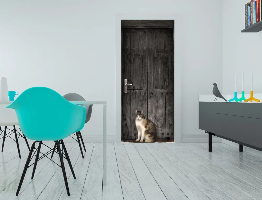 3D кошка перед дверью Настенные обои фотообои Настенная печать наклейка