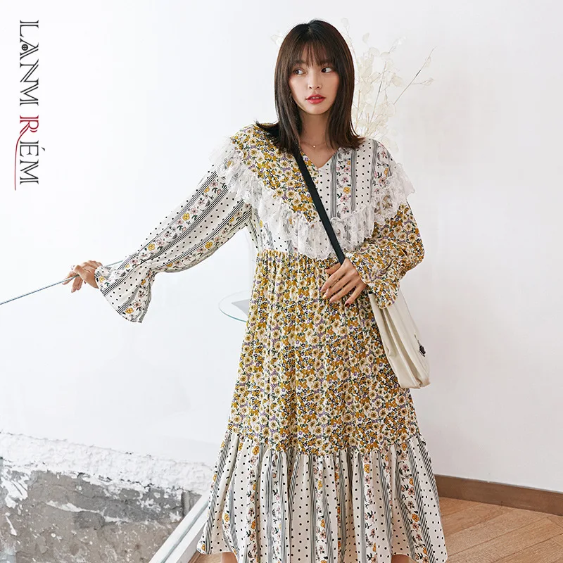 LANMREM может отправить модные новые осенние кружевные лоскутные платья для женщин
