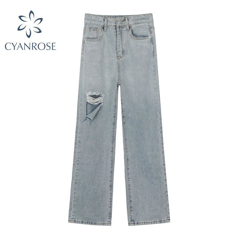 

Джинсы женские рваные с высокой талией, винтажные длинные брюки с широкими штанинами, в Корейском стиле, Повседневная Уличная одежда, лето ...