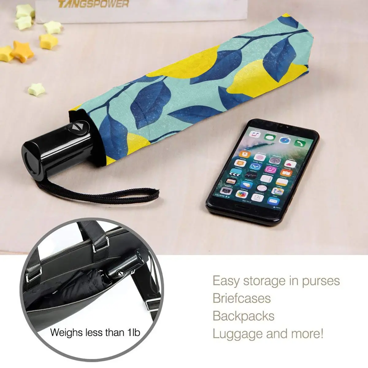 

Tropical Yellow Lemons And Leaves Windproof Automatic Folding Inverted Umbrella Portable Paraguas for Man Woman