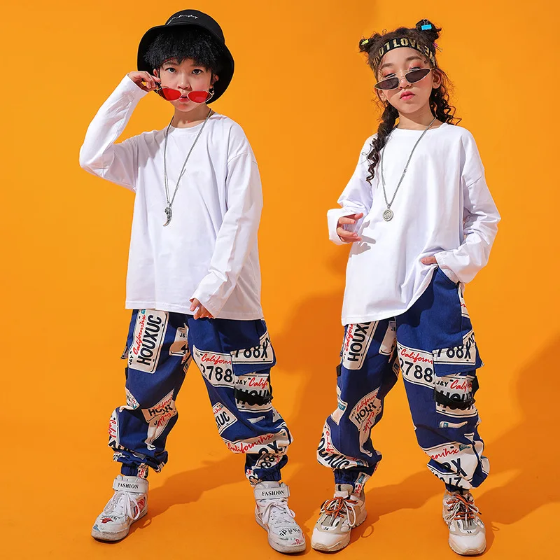 

Детская одежда в стиле хип-хоп, простая белая длинная рубашка, топ, уличная одежда, тактические брюки-карго с принтом для девочек и мальчиков...