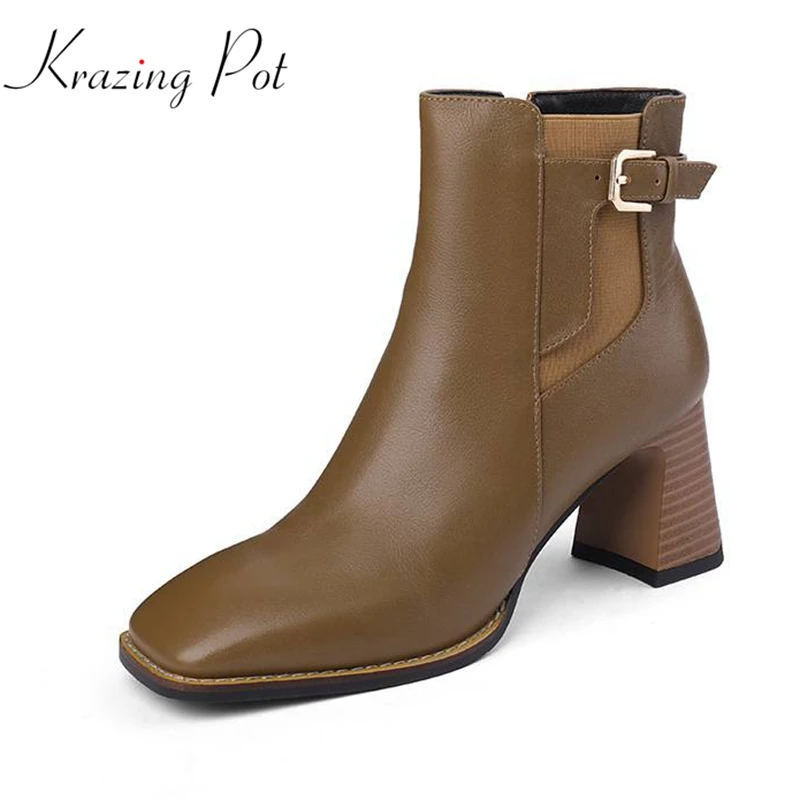 

krazing pot full grain leather square toe Chelsea boots keep warm thick high heels metal button zip winter gorgeous ankle boots