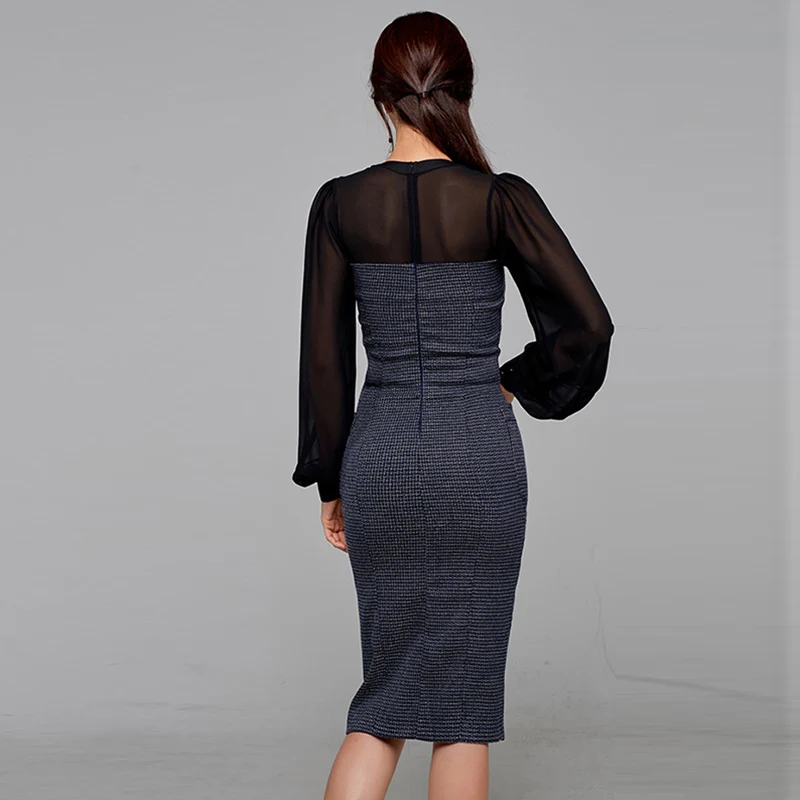

Chiffon Stitching Bow Collar Spring Autumn Sheath Pencil Dress Double Breasted Women Bodycon Dresses Office Lady Vestidos T9397