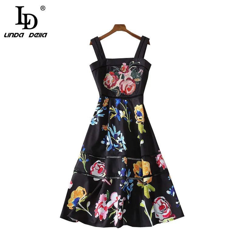 

LD LINDA DELLA 2021 Fashion Runway Summer Dress Women's Spaghetti Strap FlowerSequined Floral Print Holiday Party Elegant Dress
