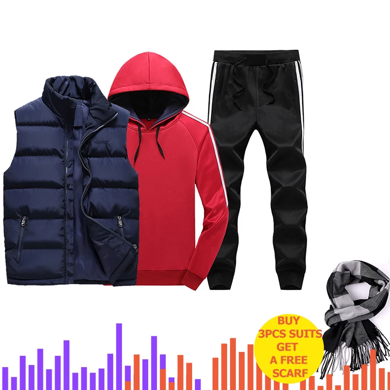 Комплект из 3 предметов с капюшоном, мужские спортивные костюмы, мужской зимний утепленный спортивный костюм, 3 предмета, куртка с меховым капюшоном+ флисовые толстовки+ штаны, мужской костюм - Цвет: Blue Red ZH301