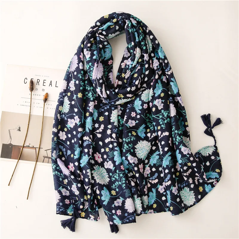 Retro literature and art national style Tibetan blue color flowers messy cotton linen hand scarf warm sunscreen silk touri |
