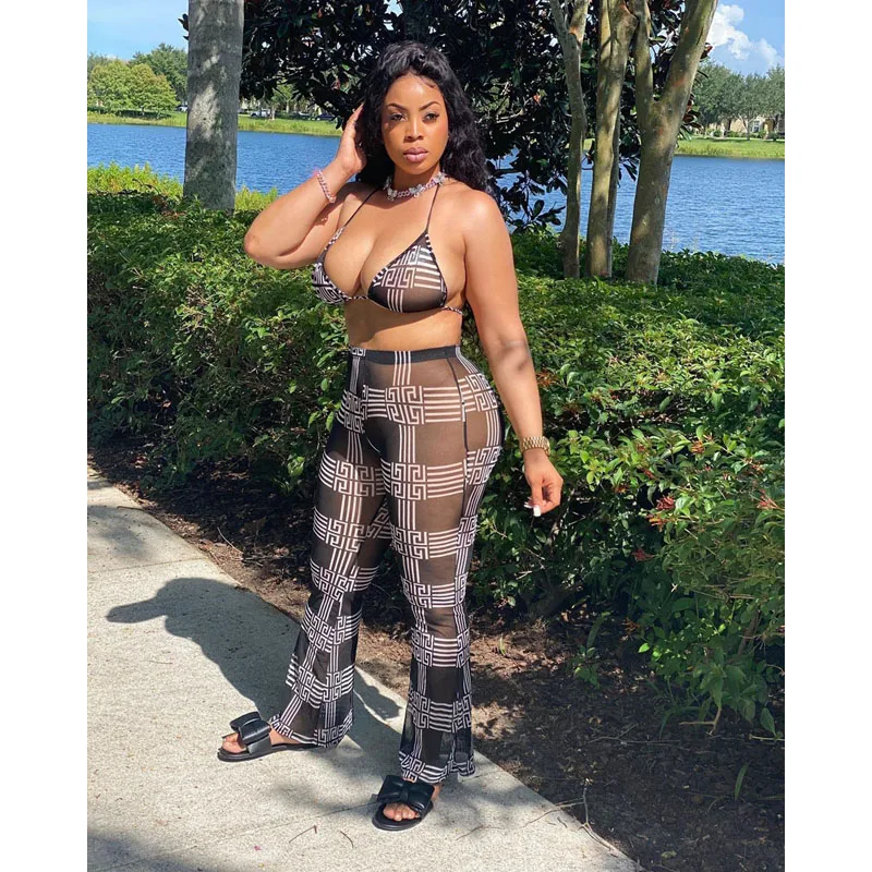 

Комплект из двух предметов Женский, пикантный сетчатый топ с запахом на груди и расклешенные брюки, с принтом в полоску, на шнуровке, Клубная...