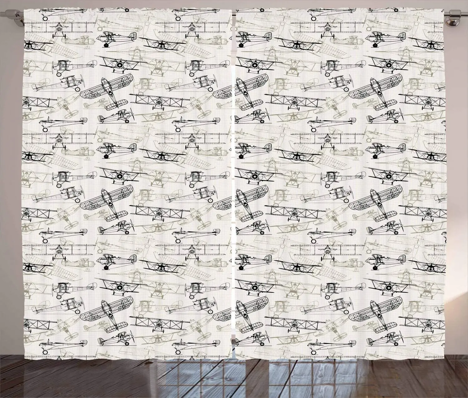 

Airplane Curtains Old Fashioned Transportation Hand Drawn Style Vintage Living Room Bedroom Window Drapes