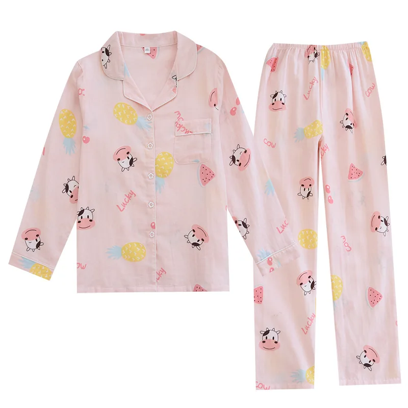 Japanese Spring and Summer Women's Pajamas Cotton Tulle Soft Pajamas Set Comfortable Long Sleeve Cardigan Women's Home Wear