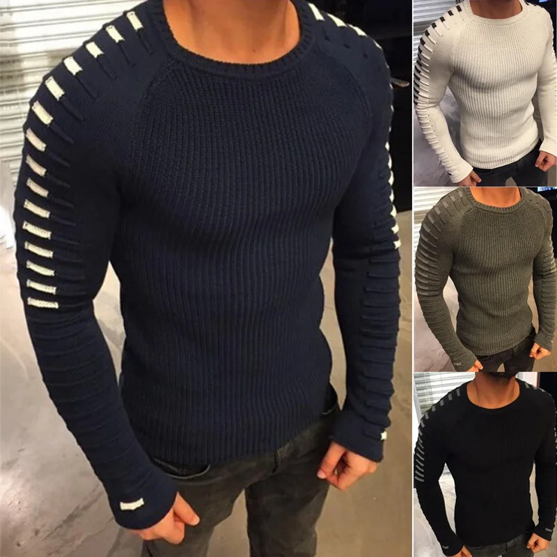 

Autumn and Winter Men's Hedging Pit Strip Color Matching Slim Knit Sweater Men's Round Neck Long-sleeved Casual Men Clothing