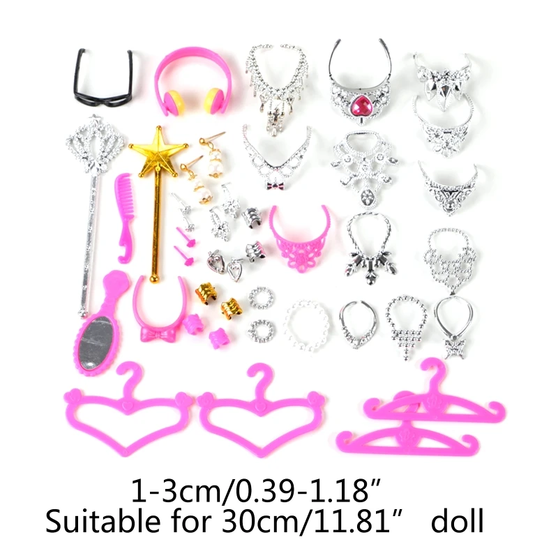 

38pcs/Set Barbi Doll Accessories Simulation Jewelry Necklace Crown Earrings Pink
