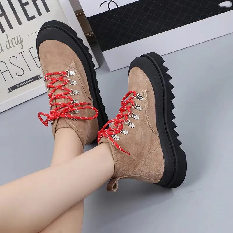 Обувь женские Замшевые полусапожки высокого качества ботинки на толстой подошве