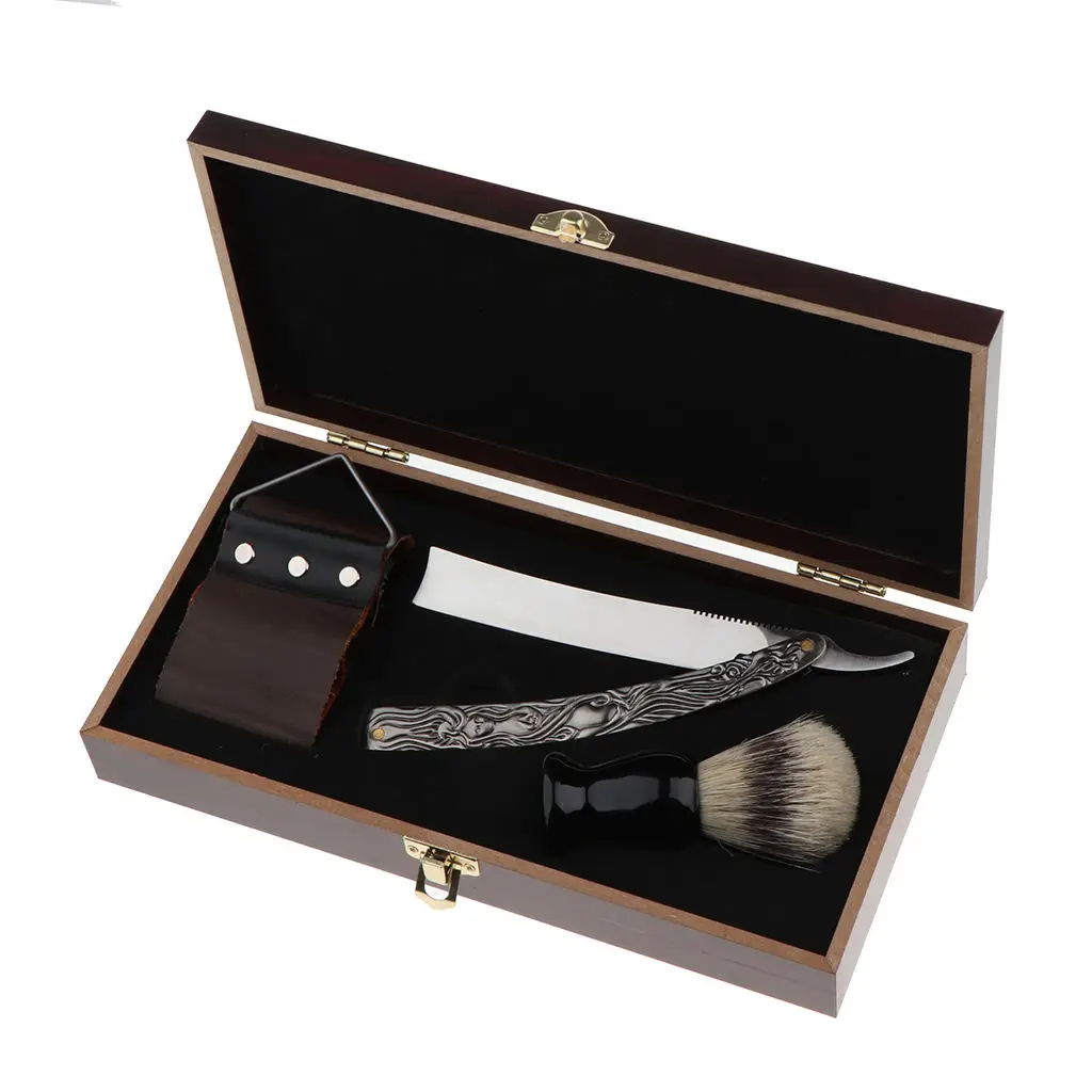 

Stainless Steel Cut Throat Straight Razors with Shaving Brush with Strop Wooden Box Gift Set for Men
