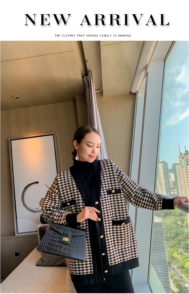 

V Neck Women Button black Houndstooth Cardigan 2021 Long Sleeve Sweater Autumn Winter Knitted Loose Oversized Jumper Casual
