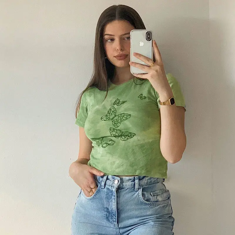 

2021 Summer New Women's Short-sleeve T-shirt Tie-dye Butterfly Print Round Neck Female Slim All-match Trend Short Pullover Tops