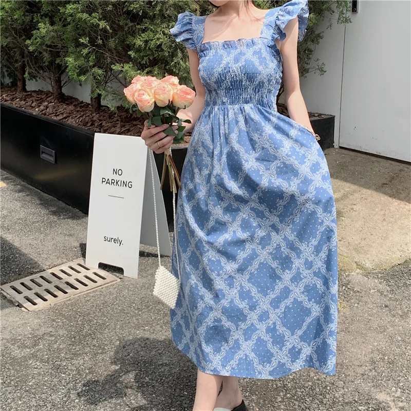 

Fitaylor New Summer Women Holiday Style Square Collar Print Dress Vintage Lady Flying Sleeve Folds High Waist A-line Maxi Dress