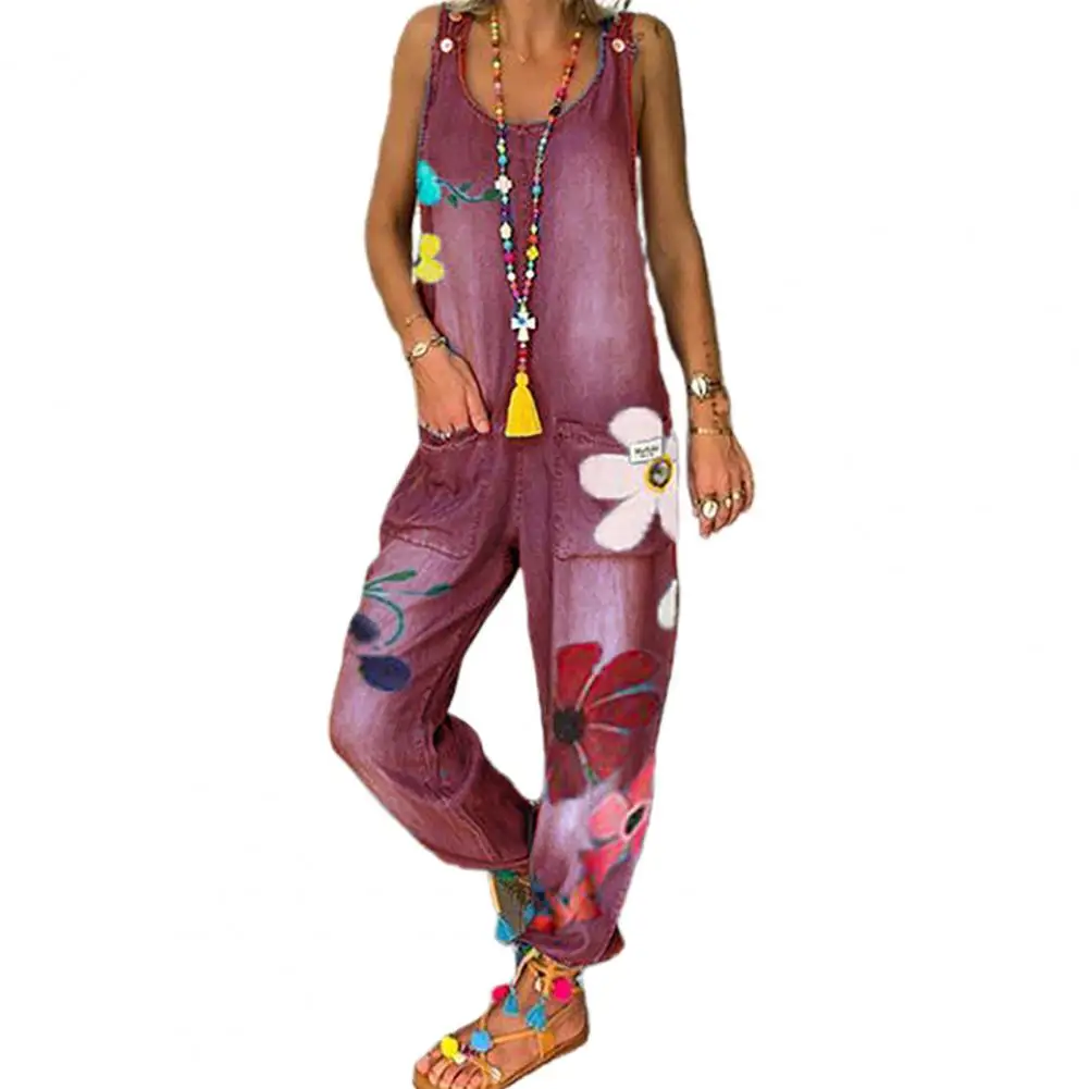 Женский джинсовый комбинезон с цветочным принтом свободный в стиле бойфренд