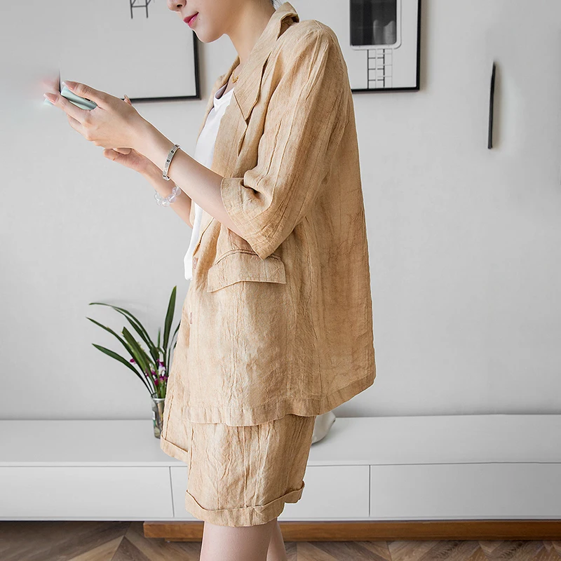 

SHENGPALAE Temperament Khaki Linen Blazer Women's Summer 2021 New Notched Loose Single Breasted Short Sleeve Suit Coat 5E1493