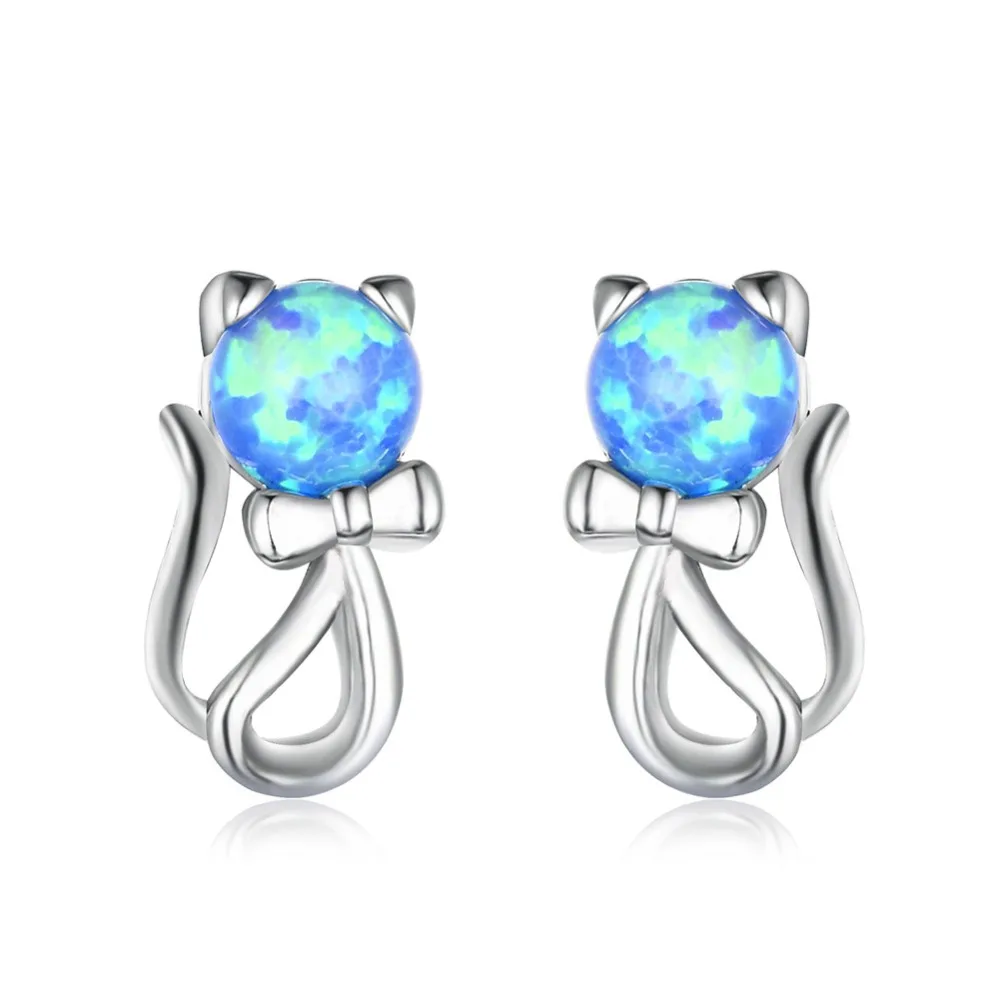 

Pure 925 Sterling Silver Fire Opal Cat Stud Earrings For Women Jewelry Gifts