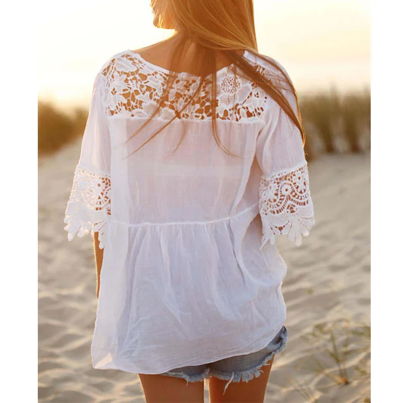 Женские топы и блузки летняя Корейская одежда белая кружевная шифоновая блузка