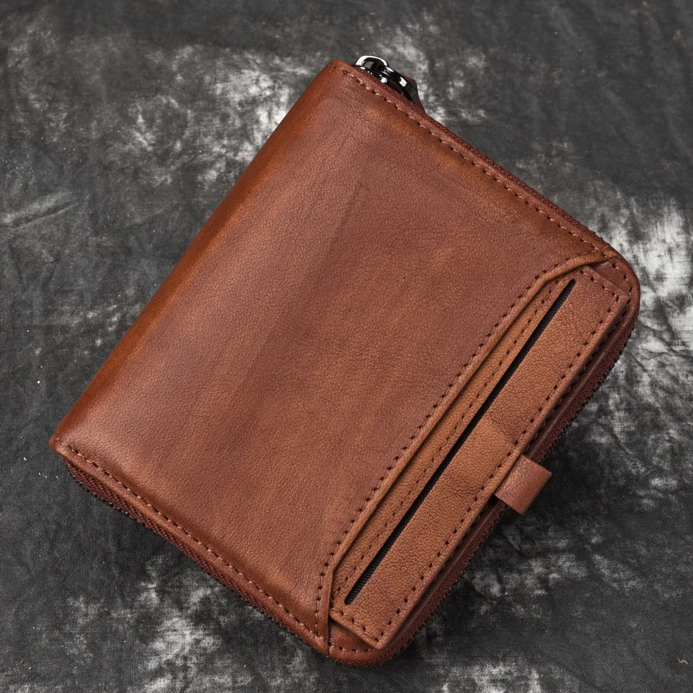 

Genuine Leather Wallets Mens Short Zipper Round Pocket Wallet Male Cowhide Casual Purse Credit ID Card Holder Hand Bag