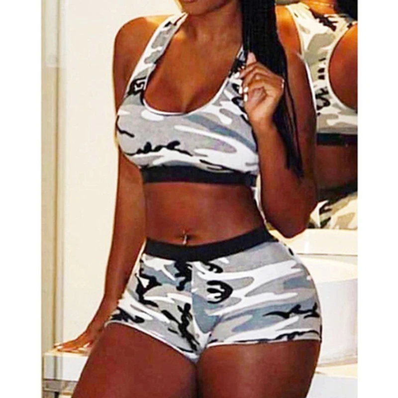 

Camouflage Print Summer Suit Women Fitness Set Sexy Sleeveless Vest + High Waist Fashion Hot Shorts Ladies Clothings