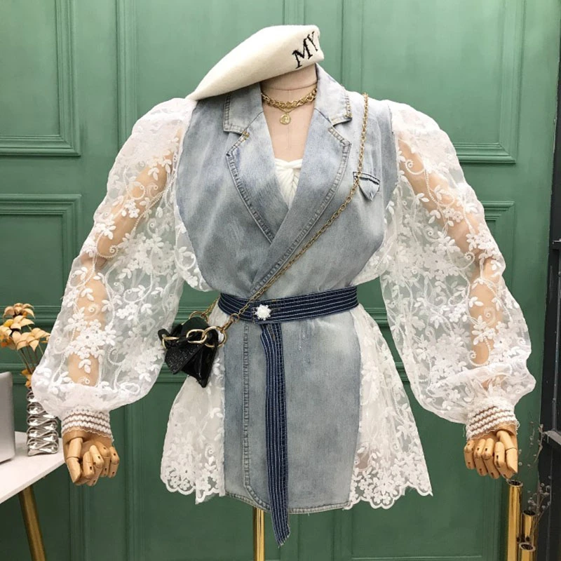 Женская джинсовая куртка с длинным рукавом свободная отложным воротником и