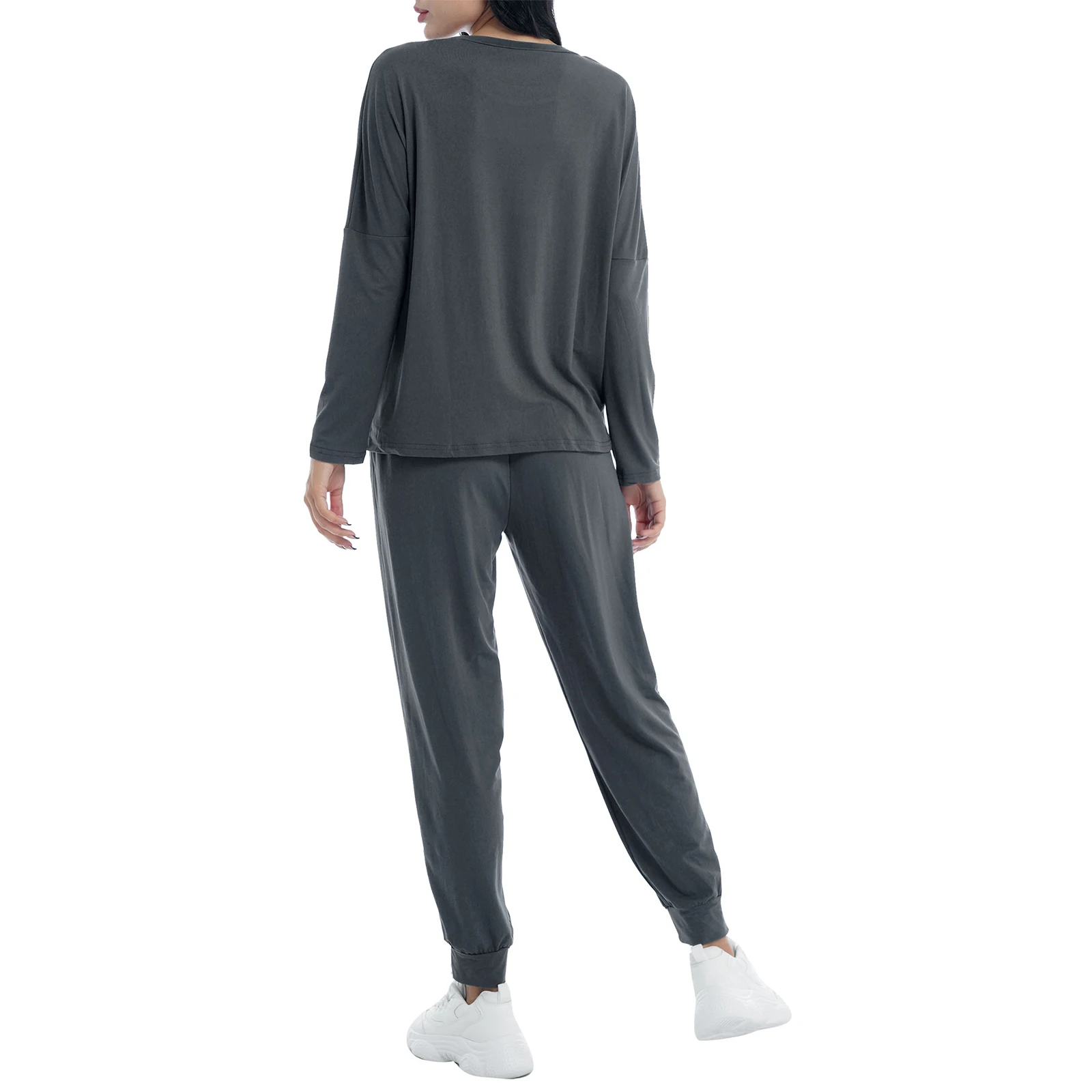 2Pcs Loungewear Women Pajama Set Jogger Suit Long Sleeve Round Neck Pants Sleepwear HomeWear