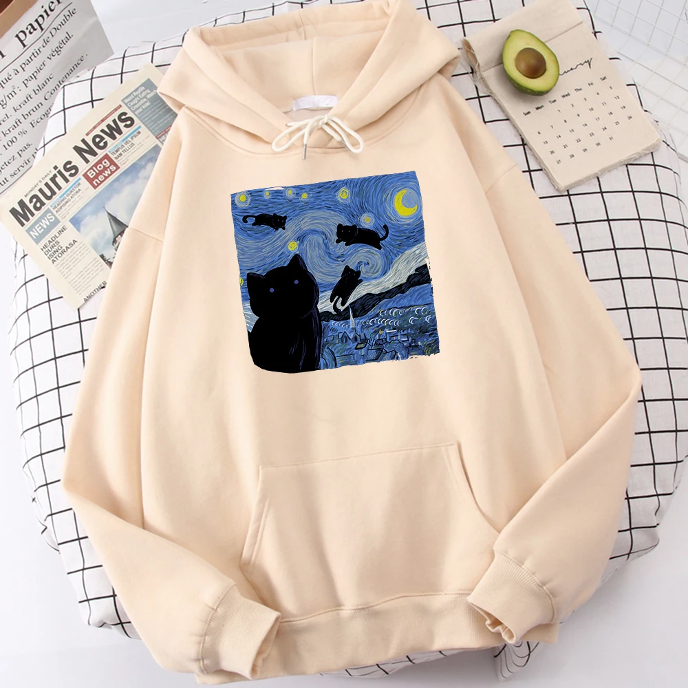 

Hot Sale Loose Brand Sportwear The Starry Cat Night Printing Men Sweatshirt Thermal Vintage Male Hoodie Oversized Casual Hoodies