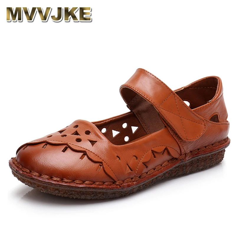 

MVVJKE Genuine Leather Women Flat Sandals Summer Mother Shoes Soft Oxford Soles Shoes Woman Fashion Cut Out Sandalias