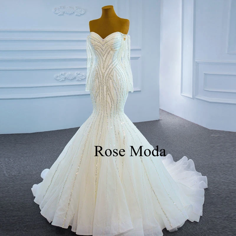 Rose Moda Luxury Glittering Off Shoulder Long Sleeves Mermaid Wedding Dress Lace Up Back