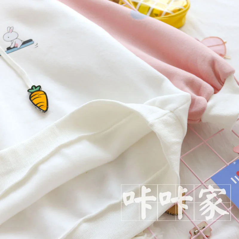 

Lovely Rabbit Printing Thicken Patchwork Hooded Sweatshirt 2020 Autumn Winter Mori Girl Carrot Drawstring Plush Pullover Women