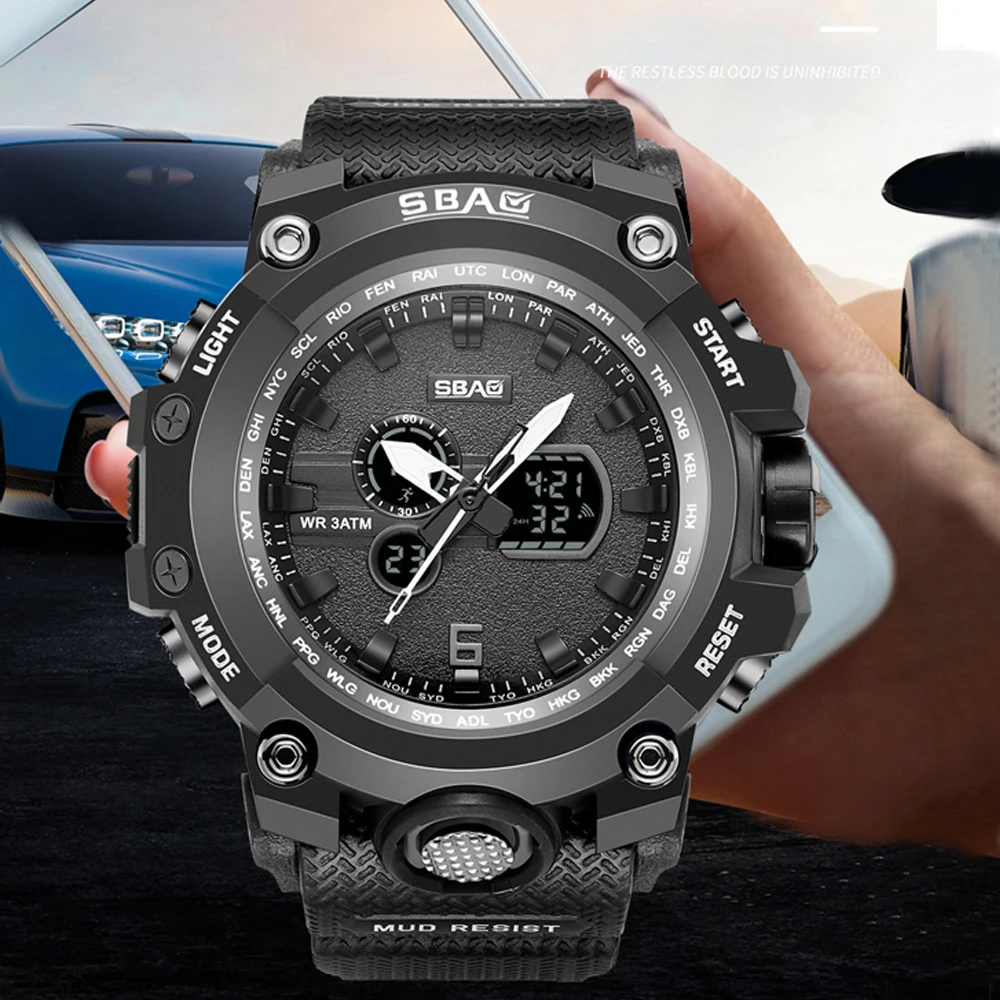SBAO 30m Waterproof Dual Display Analog LED Electronic Quartz Watch Military Men's Sports Electronic Watch Men's Watch