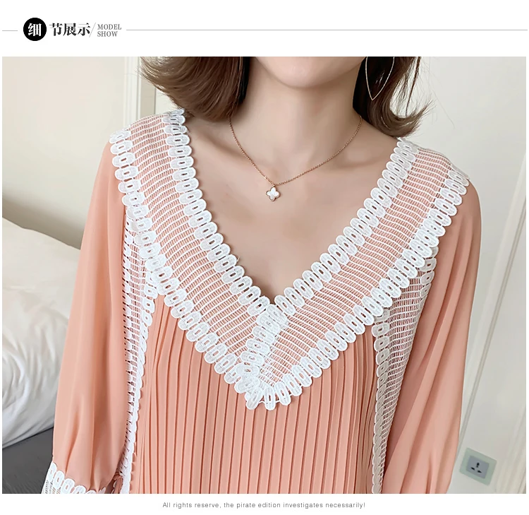 Summer Sleeveless/Long Sleeve Maternity Chiffon Pleated Dress V-neck Lace Patchwork Tassel Hem Pregnant Women Dress Sweet
