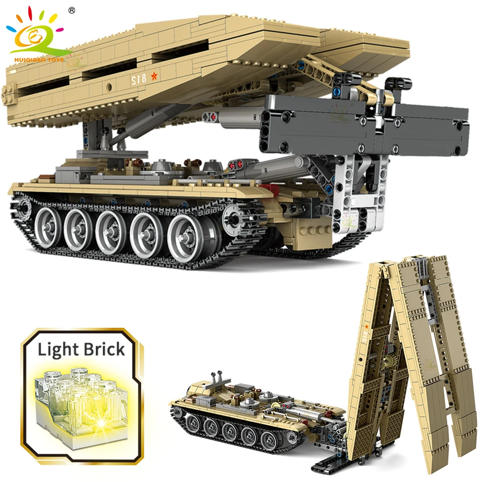 

HUIQIBAO 1155pcs Military Type 84 Tank Bridging Truck Vehicle Building Blocks WW2 Weapon Soldiers Figures City Bricks Toys Child