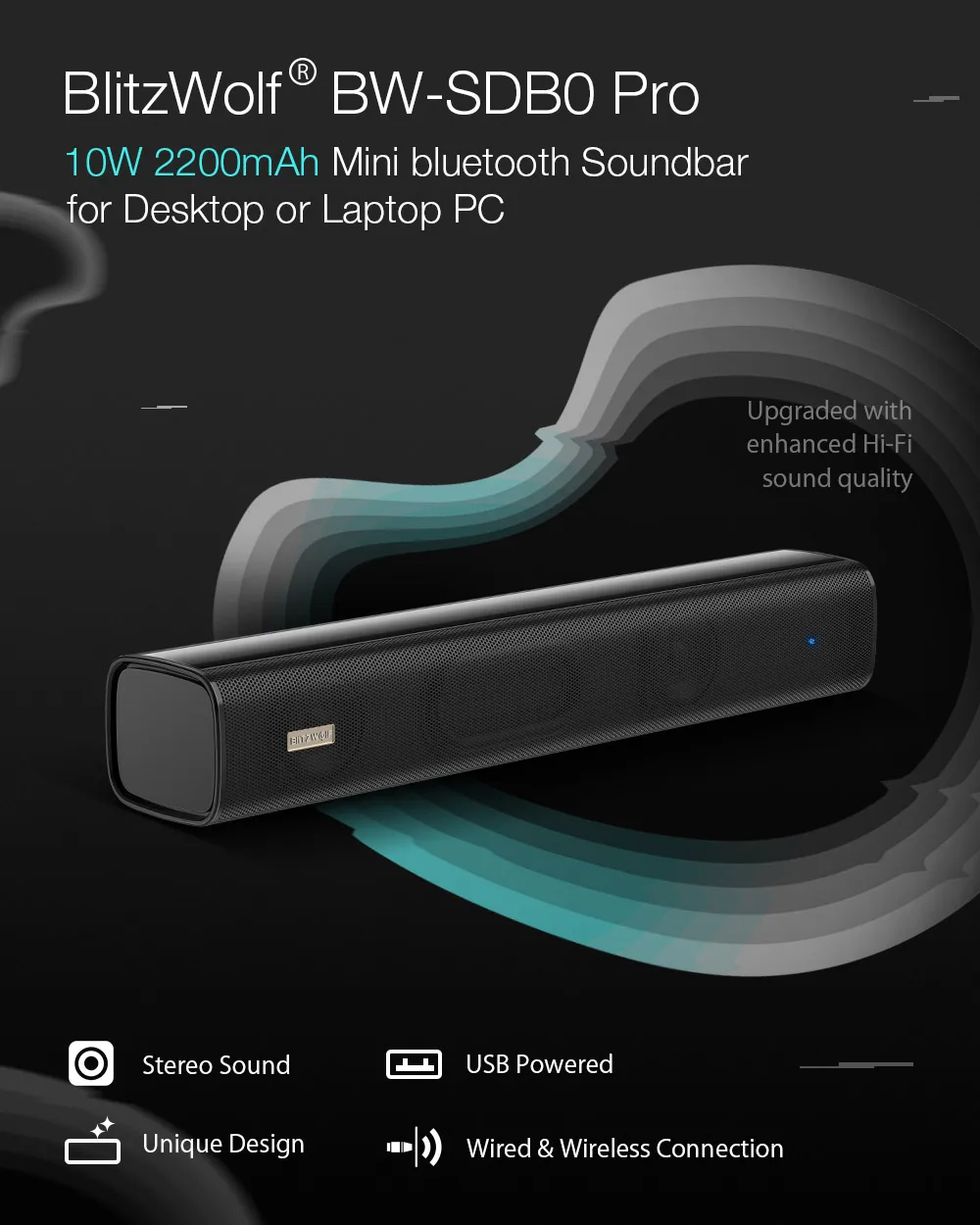 Динамик Blitzwolf BW-SDB0 Pro 10 Вт 2200 мАч Мини bluetooth Саундбар для настольных ПК с стереозвуком уникальный дизайн динамик s