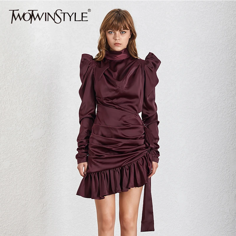 TWOTWINSTYLE, асимметричные атласные платья с вырезами для женщин, с бантом, с пышными рукавами, с рюшами, вечернее платье для женщин, осень