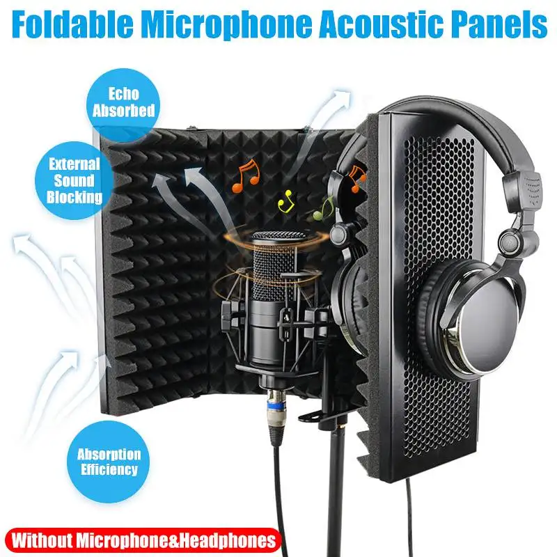 

57.5x28cm 5 pieces Foldable Studio Recording Microphone Isolator Sound Absorbing Foam Panel Mic Isolation Shield Stand Mount
