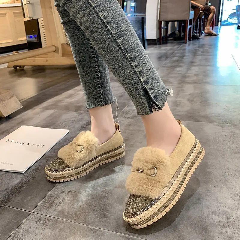 

New Ladies Shallow Flats Fashion Crystal Casual Comfort Flats Women 2021 Round Toe Thick Sole Slip On Shoes Woman