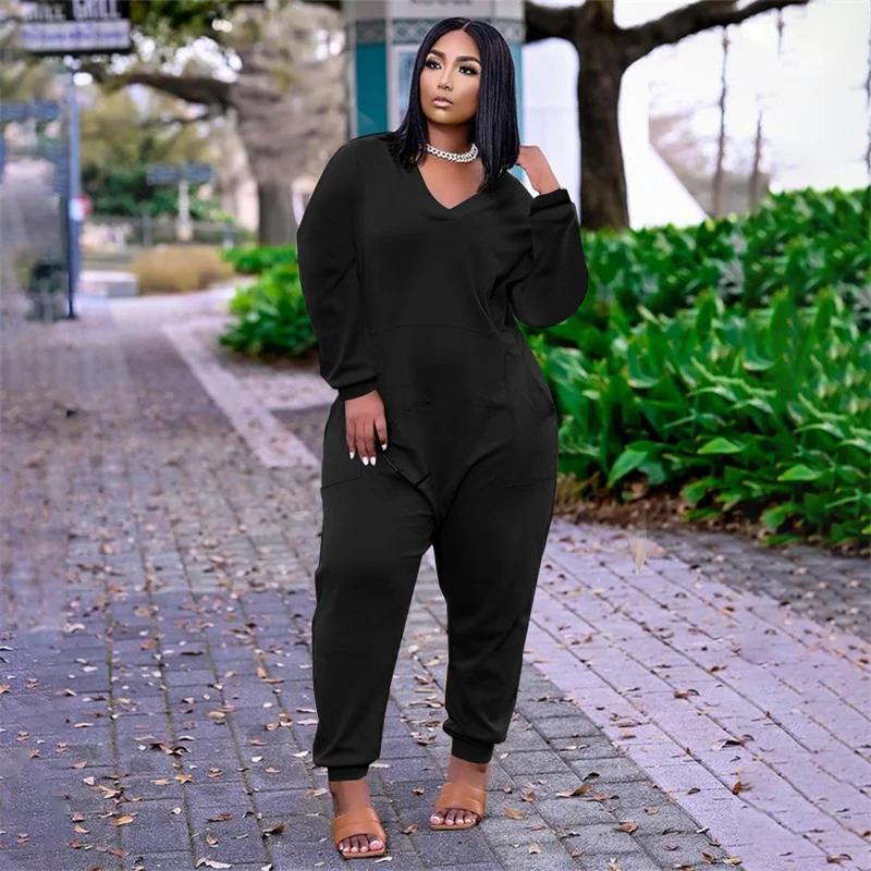 

Loose V-Neck Jumpsuit For Women Pure Color Overalls Long Sleeve Romper Playsuit One Piece Outfit Casual Clothes Macacao Feminino