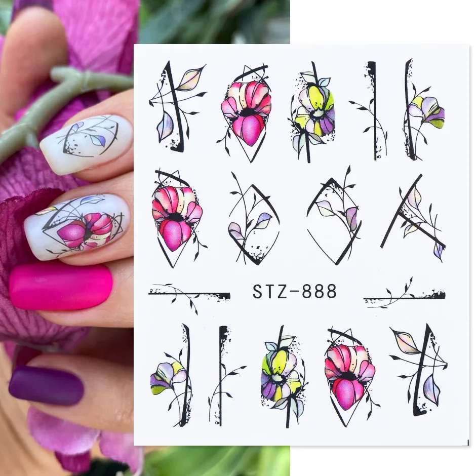 

1Pcs Watercolor Flower INS Black Purple Sliders Nail Sticker Decal Nail Art Stickers Decoration Line Spring Tattoo Manicure